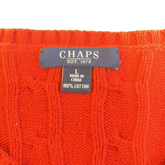 Chaps Red Cable Knit Sweater Large Long Sleeve V-Neck Womens Pullover 100% Cotto - Picture 4 of 8